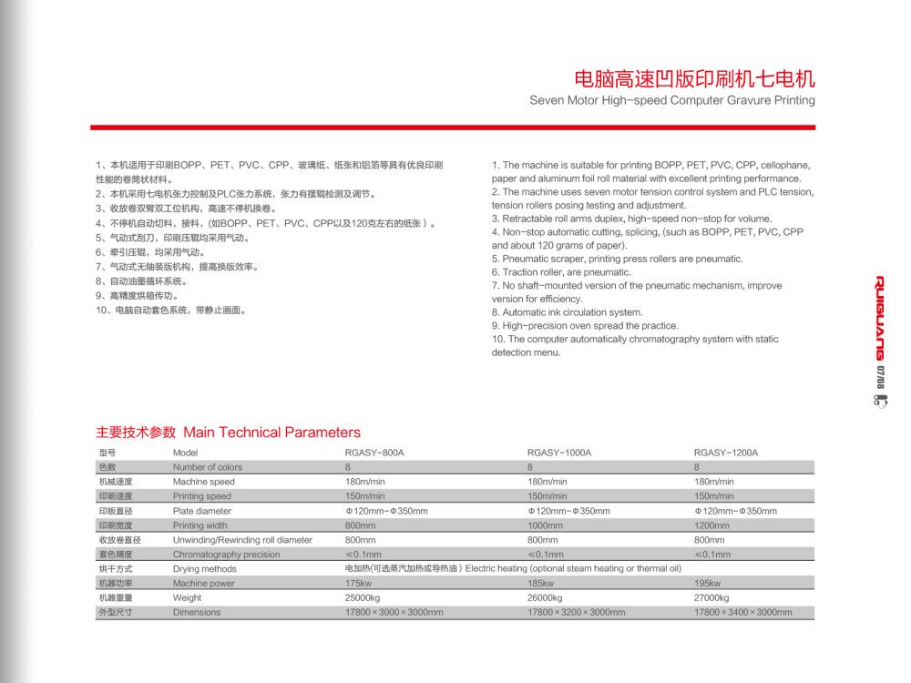 电脑高速凹版印刷机七电组技术参数