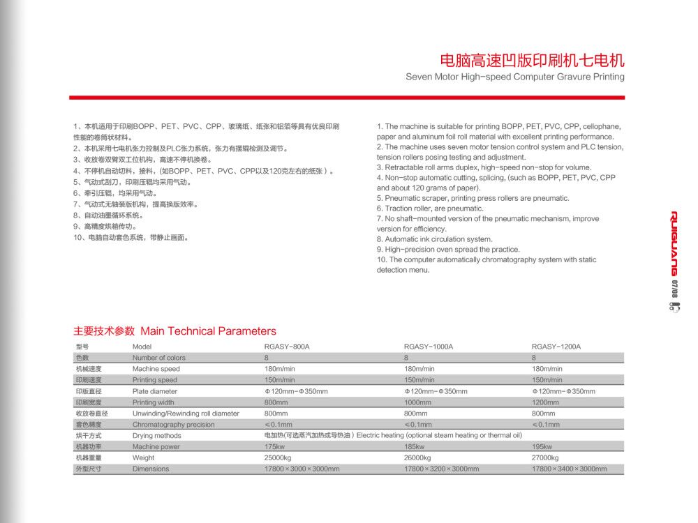 电脑高速凹版印刷机七电组技术参数